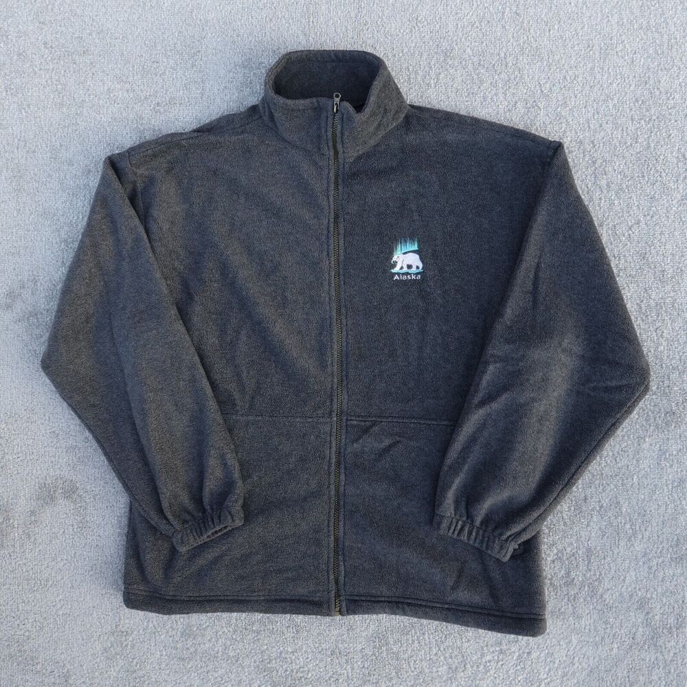 Vintage Polar Graphics Sweater Men XL Gray Zip Up Fleece Alaska Bear Embroidered